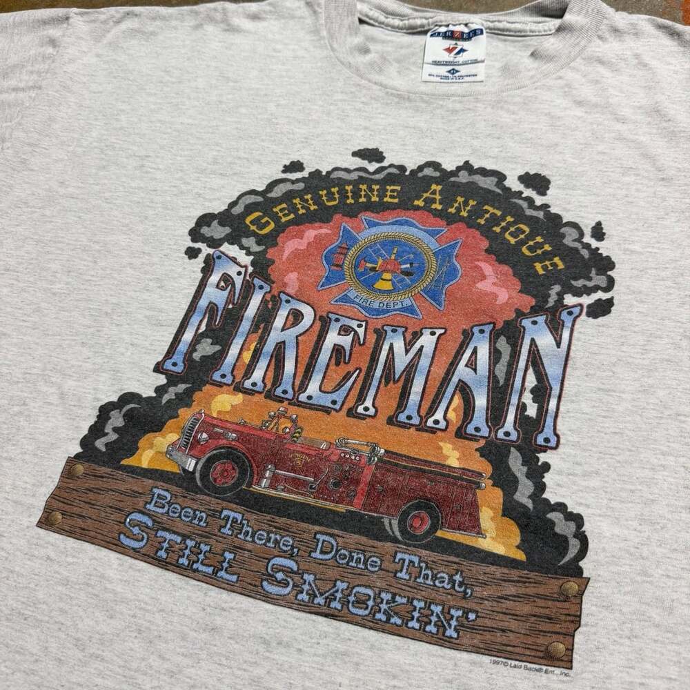 Vintage 1997 Jerzees Fireman Graphic Gray T-Shirt XL